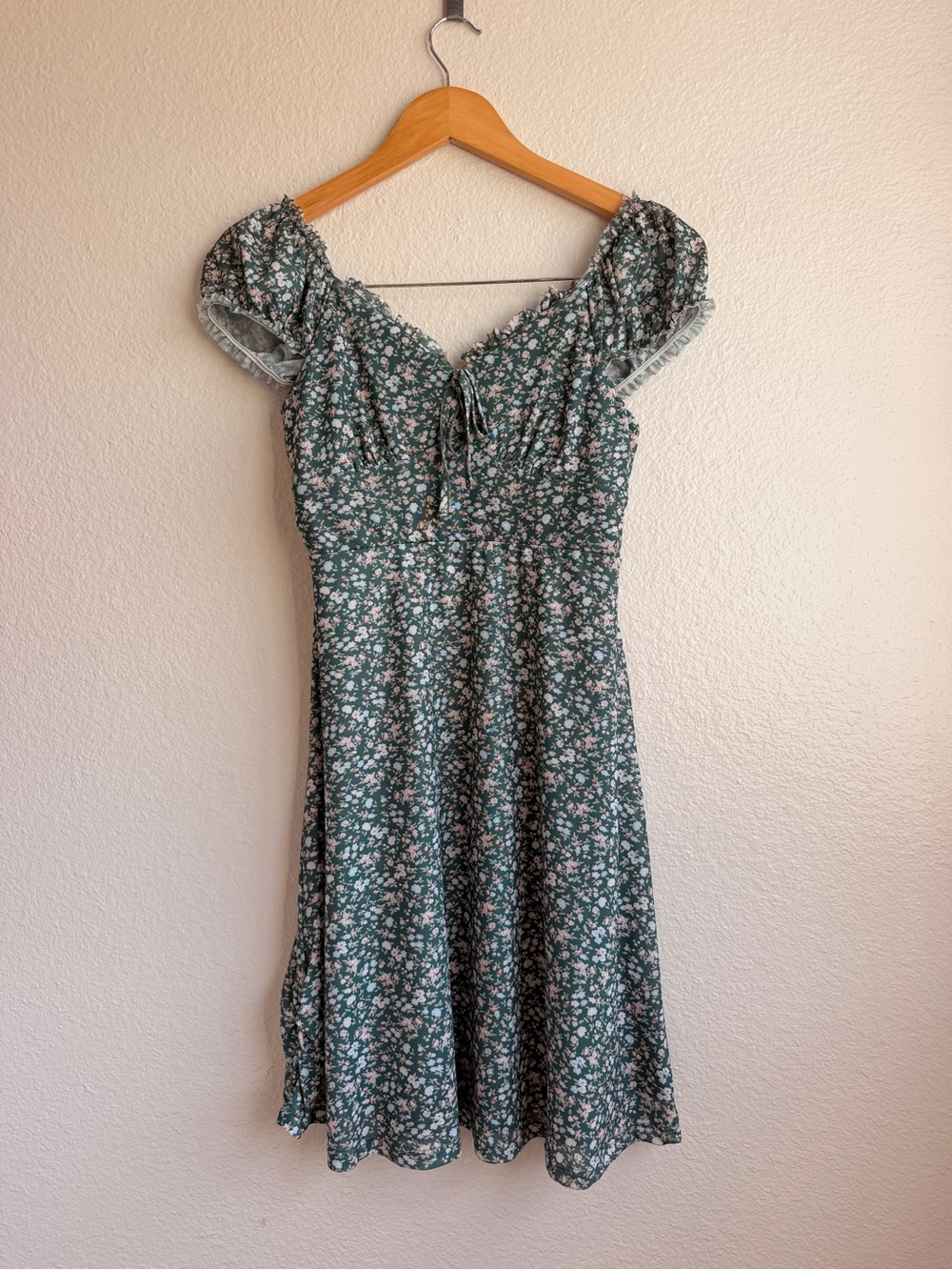 Dainty Floral Milkmaid Dress Ruched Sweetheart Tie Neck Coquette Mini Dress